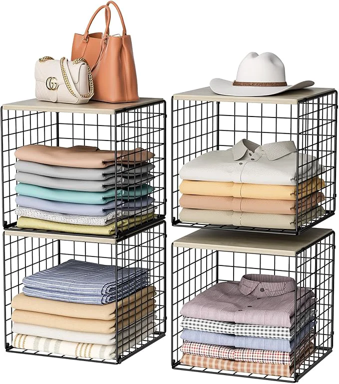 Excellent 4-Tier Stackable Closet Organizers and Storage Basket Shelves with Wood Top Foldable Clothes Storage Bin Cube Drawer Organizer for Wardrobe Space-Saving Closet Organization Black Patent Pending ﻿About ThisOverview Effective