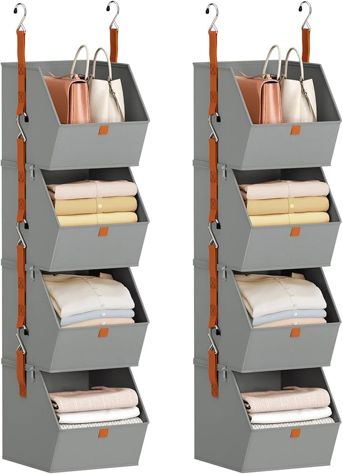 Crafted Hanging Closet Organizer 4 Tier - Clothes Hanging Shelves Space-Saving Closet System Fabric Storage Bins Bedroom Organization Collapsible Baskets for Home Dorm Rv Grey 8 PackAbout ThisOverview World-Class
