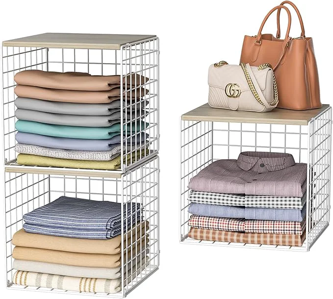 Sustainable 3PCS Stackable Closet Organizers and Storage Closet Shelves with Wood Top Extra Storage Clothes Storage Organizer Basket Bin Cube for Home Wardrobe Organization White-Sturdy Metal Patent PendingAbout ThisOverview High-End