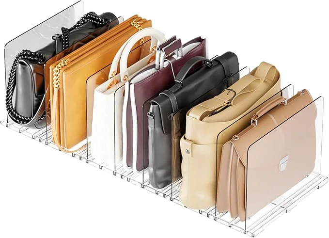 Premium Material Yieach Clear Acrylic Shelf Dividers for Closet Organization 8 Pack Adjustable Bags Clutch Purse Organizer and Storage Handbag Organizer for Closets Purse Divider 8.8″ Tall Sweater Tshirt Towel DividerAbout This Top-Quality
