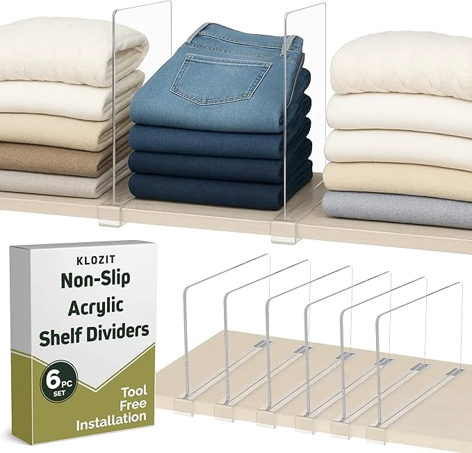 Exclusive 6- Pack Clear Acrylic Shelf Dividers-Non-Slip Closet Organizers for Sweaters Bags Towels- Shelf Separators for Bedroom Kitchen OfficeAbout This Durable
