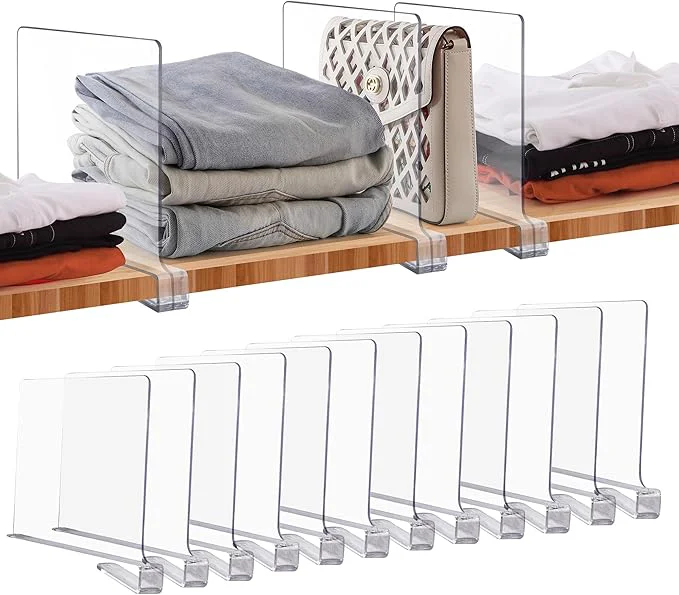 Exclusive JOY DECOR 12 Pack Acrylic Clear Shelf Dividers for Closets Organizer and Storage Adjustable Vertical Wood Shelf Closet Separators for Clothes Book Bags in Bedroom and KitchenAbout This Selected