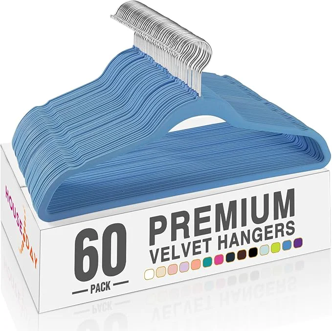 Verified HOUSE DAY Tranquil Blue Velvet Hangers 60 Pack Non Slip Clothes Felt Hanger Heavy Duty for Coat Premium Slim Space Saving Suit Hangers for Closet Organizer 360° Rotating Silver HookAbout ThisOverview Certified