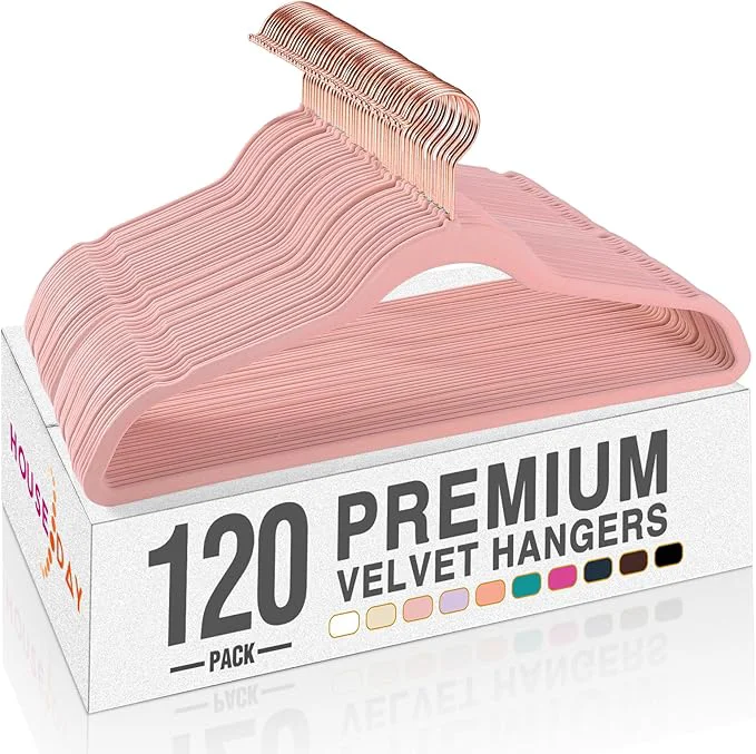 Trendy HOUSE DAY Pink Velvet Hangers 120 Pack Premium Non-Slip Felt Clothes Sturdy Heavy Duty Coat Durable Hangers for Suits Space Saving with No Hanger Mark 360° Swivel Rotating Rose Gold HookAbout ThisOverview Reusable