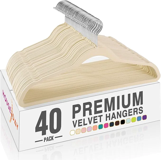 Clean HOUSE DAY Beige Velvet Hangers 40 Pack Non Slip Clothes Felt Hanger Heavy Duty for Coat Premium Slim Space Saving Suit Hangers for Closet Organizer 360° Rotating Silver HookAbout ThisOverview Comfortable