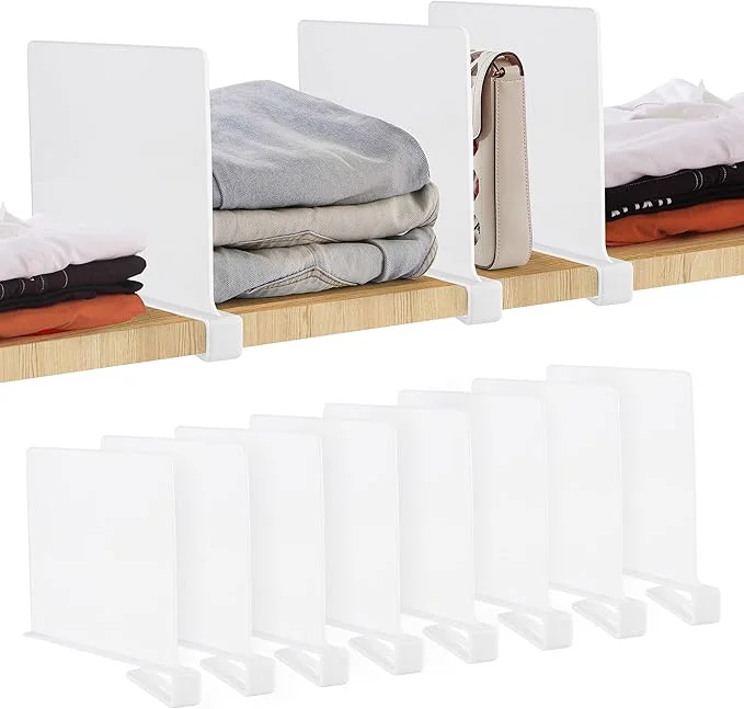 Fine JOY DECOR 8 Pack Acrylic White Shelf Dividers for Closets Organizer and Storage Adjustable Vertical Wood Shelf Closet Separators for Clothes Book Bags in Bedroom and KitchenAbout This Functional