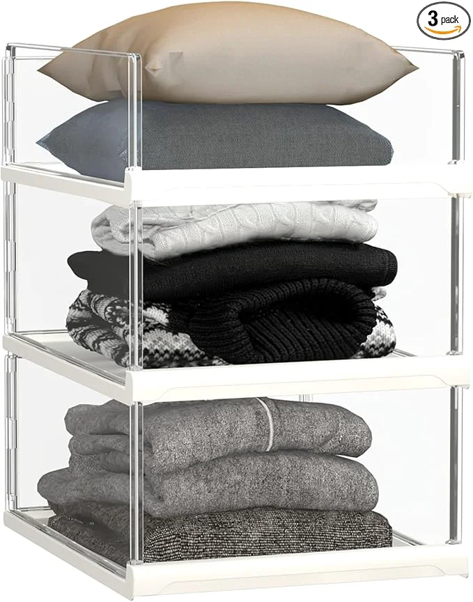Clean 3 Pack Stackable Closet Organizers and Storage Shelves - Transparent Sweater Organizer for Closet Bathroom Kitchen Cupboard Laundry Room and OfficeAbout ThisOverview Proven