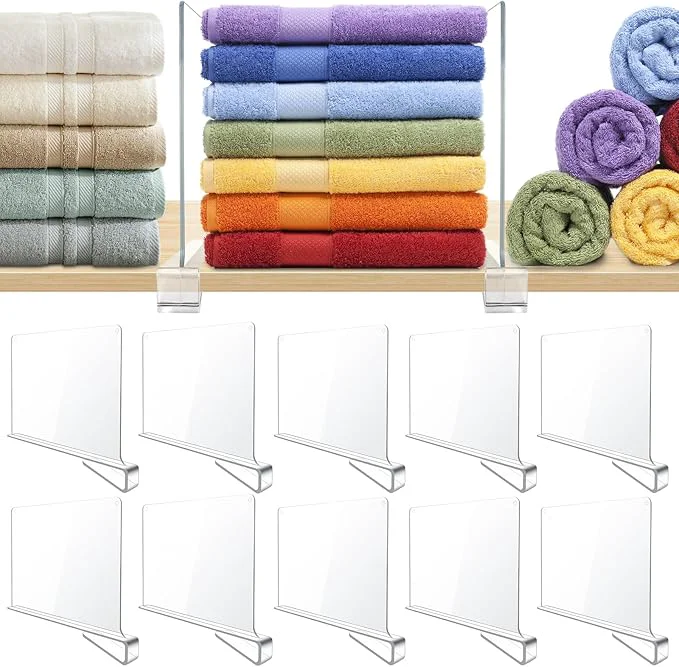 First-Class 10 Pack Clear Acrylic Shelf Dividers for Closet Shelf Organizer of Bedroom Kitchen Office Bathroom Organizer for Clothes Books Hats and HandbagsAbout ThisOverview Carefully Designed