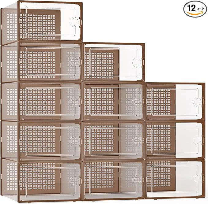 Sustainable Kuject X-Large Shoe Storage Boxes Organizers for Closet 12 Pack Fit Size 11 Clear Plastic Stackable Sneaker Containers for Entryway Space Saving Shoe Rack BrownAbout ThisOverview Selected
