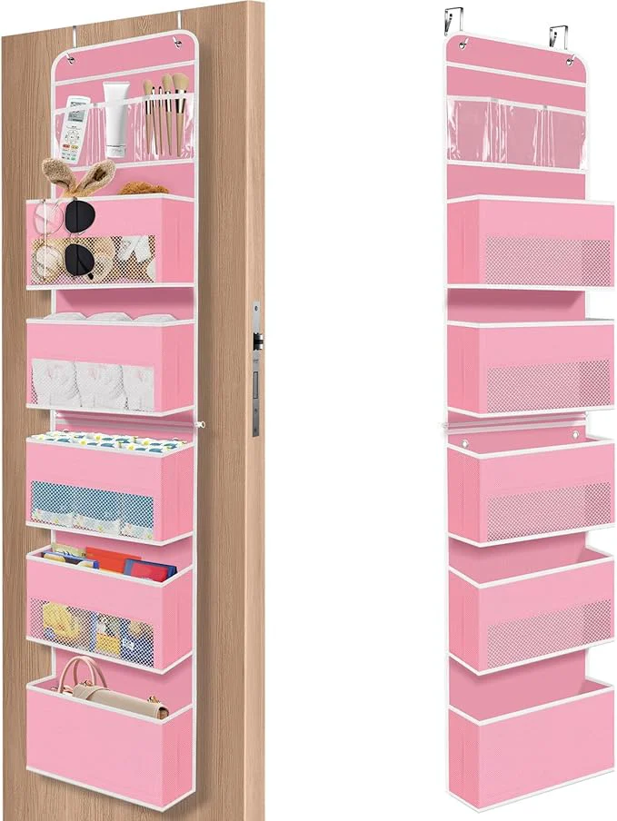 Elegant 6-Tier Over The Door Organizer Hanging Storage Organizers with Clear Window 40lb Large Capacity Room Organizer for Pantry Bathroom Nursery Closet Pink About ThisOverview Natural