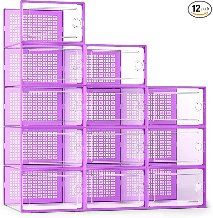 Secure Kuject X-Large Shoe Storage Boxes Organizers Clear Plastic Stackable 12 Pack Shoe Rack Holder Substitute Sneaker Containers Toy Storage Organizer Bins for Entryway Closet Under Bed PurpleAbout ThisOverview Stylish