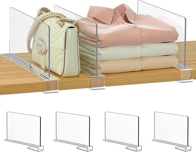 Flexible Purse Organizer for Closet Shelf Dividers 6-inch Tall Shorter Version Adjustable Clear Acrylic Bag Storage Organizer for Handbags Sweaters Towels Jeans and Shoes on Wood Shelves 4-PackAbout This Stylish