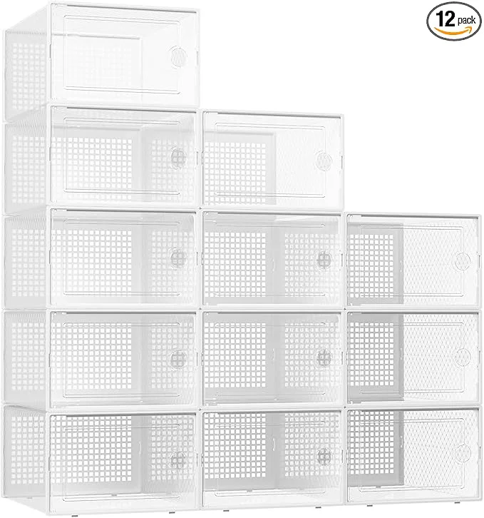 Crafted Kuject XX-Large Shoe Storage Boxes Organizers Clear Plastic Stackable 12 Pack Shoe Rack Holder Substitute Sneaker Containers Shoe Storage Organizer Bins for Closet Under Bed White No Fold Line About ThisOverview Traditional