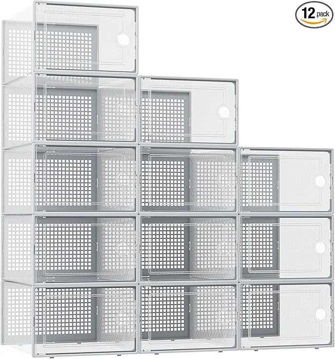 Solid Kuject XX-Large Shoe Storage Boxes Organizers Clear Plastic Stackable 12 Pack Shoe Rack Holder Substitute Sneaker Containers Shoe Storage Organizer Bins for Closet Under Bed Grey No Fold Line About ThisOverview High-End