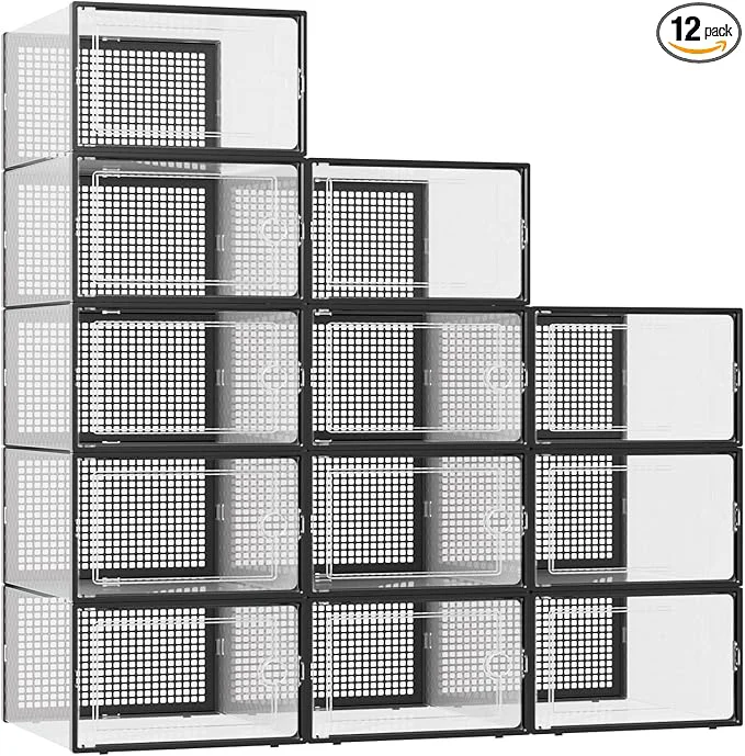 Excellent Kuject XXX-Large Shoe Storage Boxes Organizers Clear Plastic Stackable 12 Pack Shoe Rack Holder Substitute Sneaker Containers Toy Storage Organizer Bins for Closet Under Bed Black No Fold Line About ThisOverview Trusted