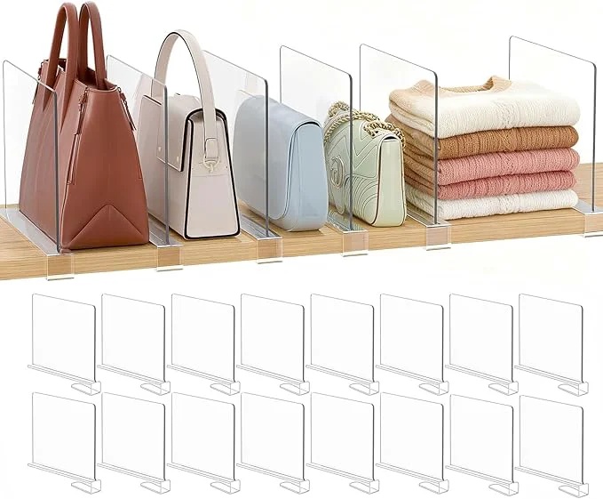 Next-Generation Purse Organizer for Closet Shelf Dividers 16-Pack Adjustable Clear Acrylic Bag Storage Organizer for Handbags Sweaters Towels Jeans and Shoes on Wood ShelvesAbout ThisOverview Recyclable