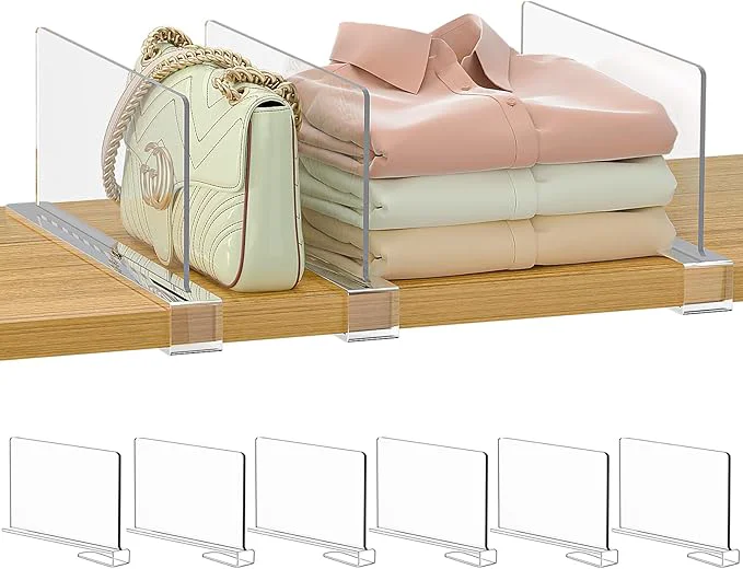 Genuine Purse Organizer for Closet Shelf Dividers 6-inch Tall Shorter Version Adjustable Clear Acrylic Bag Storage Organizer for Handbags Sweaters Towels Jeans and Shoes on Wood Shelves 6-PackAbout ThisOverview Natural