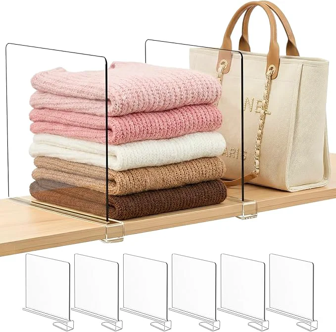 Innovative Purse Organizer for Closet Shelf Dividers 11-inch Tall Higher Version Adjustable Clear Acrylic Bag Storage Organizer for Handbags Sweaters Towels Jeans and Shoes on Wood Shelves 6-PackAbout This Official