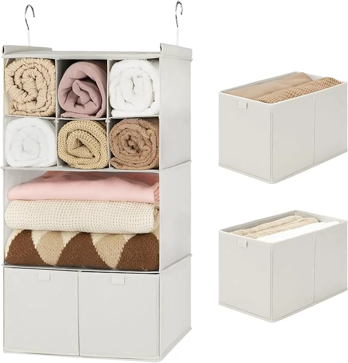 Stylish GRANNY SAYS Hanging Closet Organizer with Drawers 4 Shelf Dividers Closet Hanging Organizer Foldable Hanging Shelves for Clothes Organizer Small Closet Organizers and Storage BeigeAbout ThisOverview Elegant