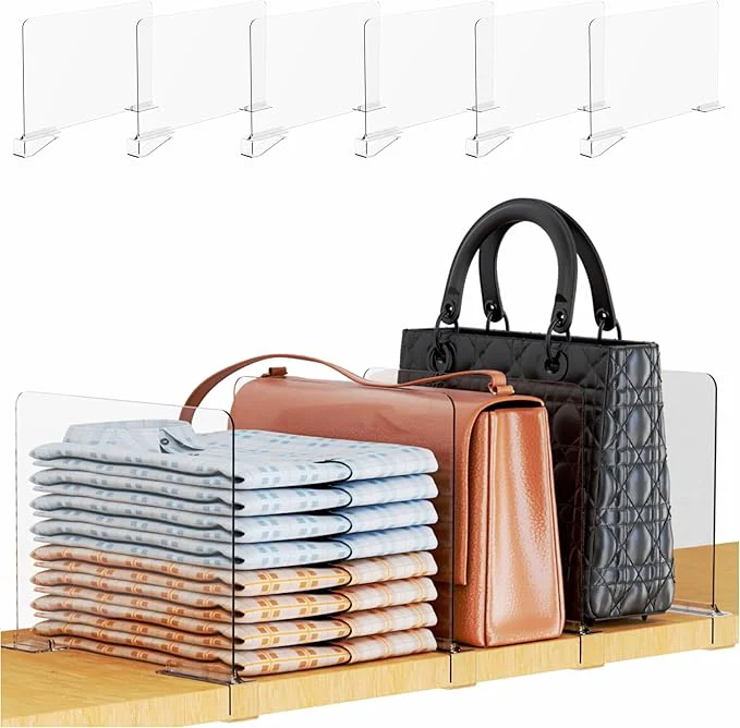 Elite Yieach 6 Pack Acrylic Shelf Dividers for Closet Organization Towel Sweater Purse Organizer - Adjustable Height - Vertical Shelf Separators for T Shirt Clear Closet Shelf Divider for Wood ShelvesAbout This Smooth