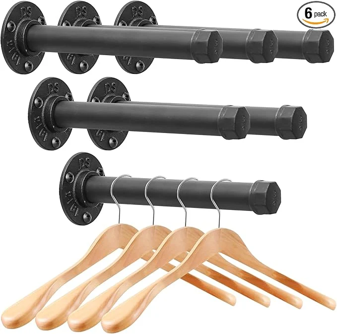 Fashionable Cast Iron Wall Mounted Clothes Rack Heavy Duty Industrial Pipe Clothing Rack for Hanging Clothes Garment Racks for Wardrobe Organizers and Storage DIY Closet Rods Closet Bar Black 6 Pack 8 in About ThisOverview Fine Crafted