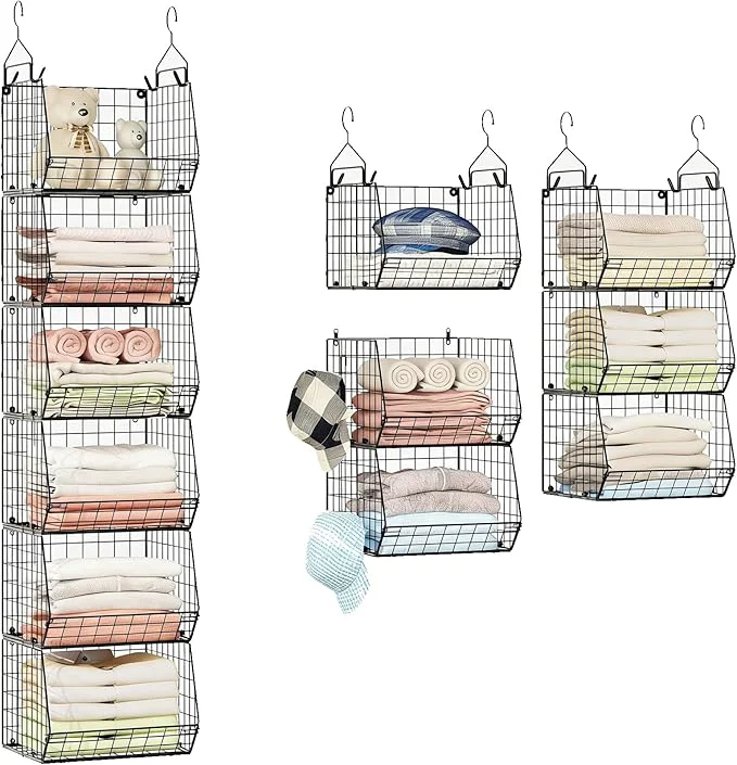 Exceptional 6 Tier Closet Hanging Organizer Clothes Hanging Shelves with 4 Hanging Hooks 5 S Hooks Wire Storage Basket Bins for Clothing Sweaters Shoes Handbags Clutches Accessories Patent Design-BlackAbout ThisOverview Classic