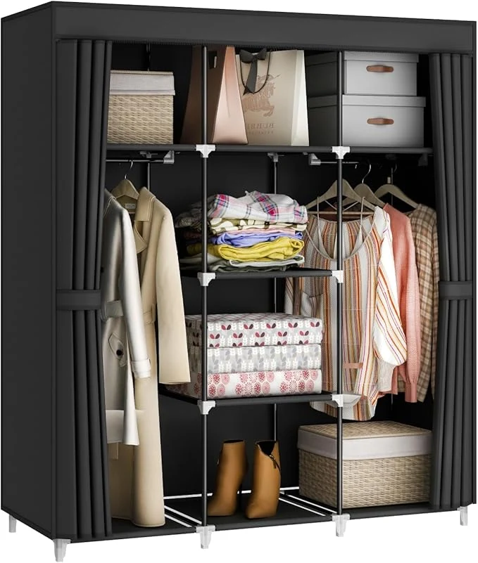 Fashionable Portable Closet Wardrobe 51-Inch Clothes Organizer with 2 Hanging Rods and 8 Shelves Non-Woven Fabric Cover Medium Capacity Storage for Bedroom and Living Room BlackAbout ThisOverview Certified