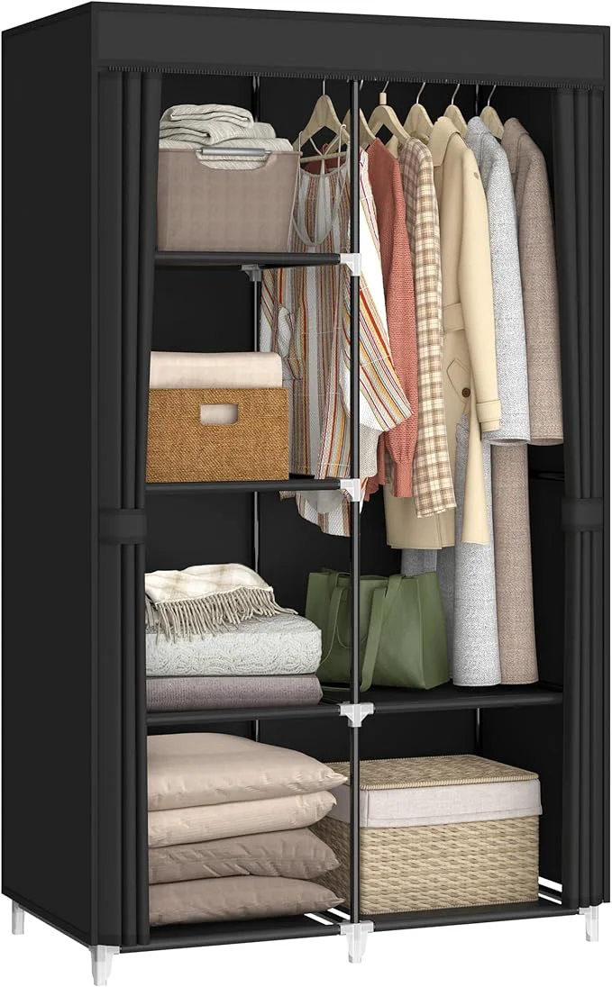 Smooth 35 Inch Portable Closet for Small Room Clothing Organizer Storage Rack with Non-Woven Fabric Cover 1 Clothes Hanging Rod 6 Storage Shelves BlackAbout ThisOverview Clean