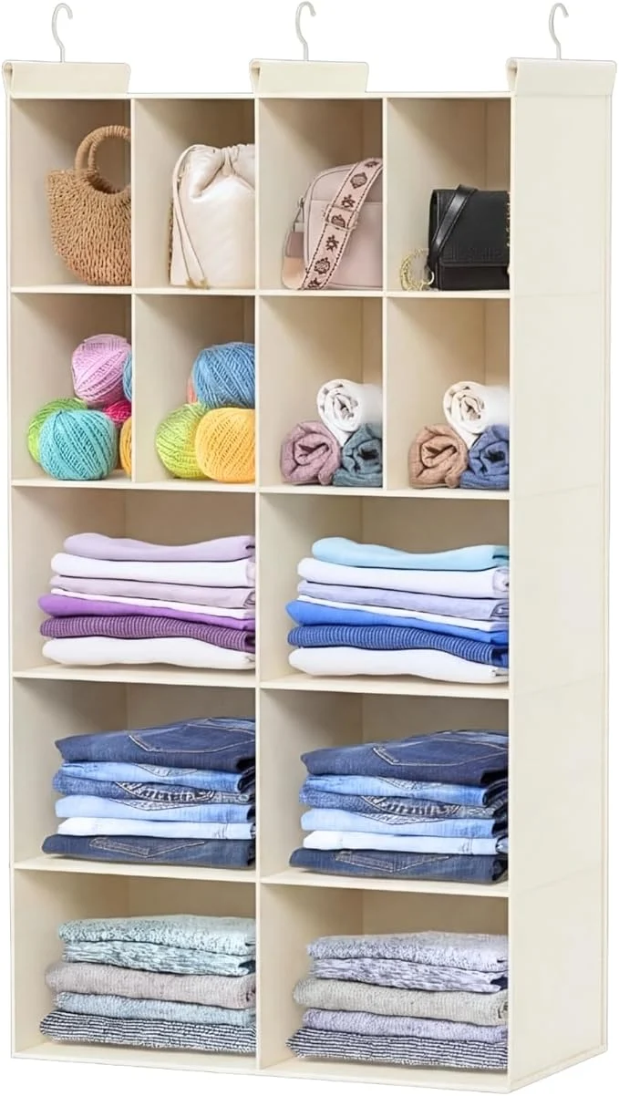 Easy-to-Use Ofiray-home 5 Tier Hanging Closet Organizer 14 Compartments Sweater Organizer for Closet with 3 Sturdy Hooks Closet Organizers and Storage Wardrobe Rv Garment Rack BeigeAbout ThisOverview Functional