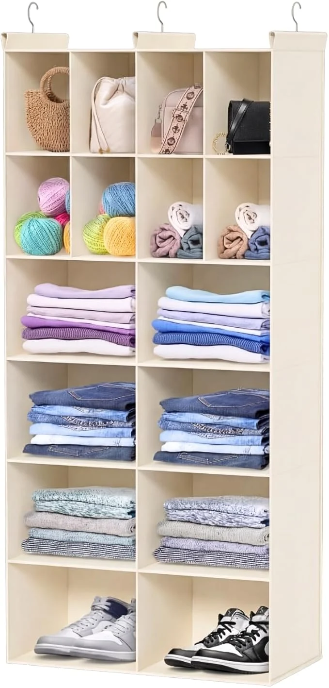 Safe Ofiray-home 6 Tier Hanging Closet Organizer 16 Compartments Sweater Organizer for Closet with 3 Sturdy Hooks Closet Organizers and Storage Wardrobe Rv Garment Rack BeigeAbout ThisOverview Efficient