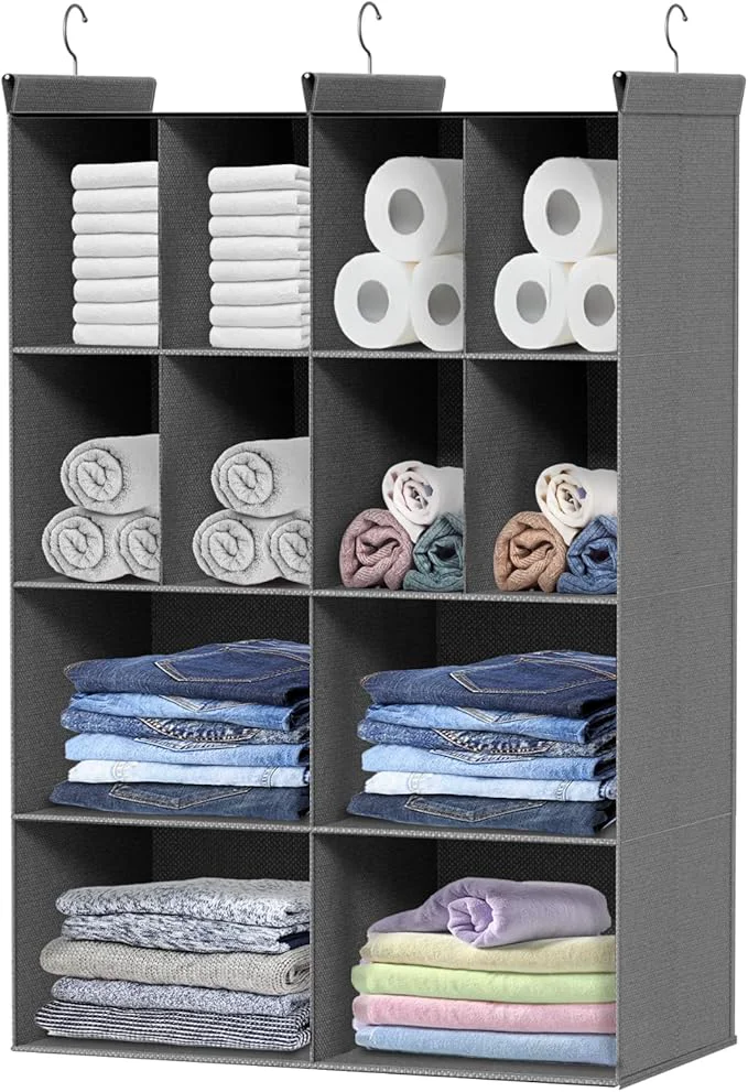 Efficient 4 Tier Hanging Closet Organizer 12 Compartments Sweater Organizer for Closet with 3 Sturdy Hooks Closet Organizers and Storage Wardrobe Rv Garment Rack GreyAbout ThisOverview Soft