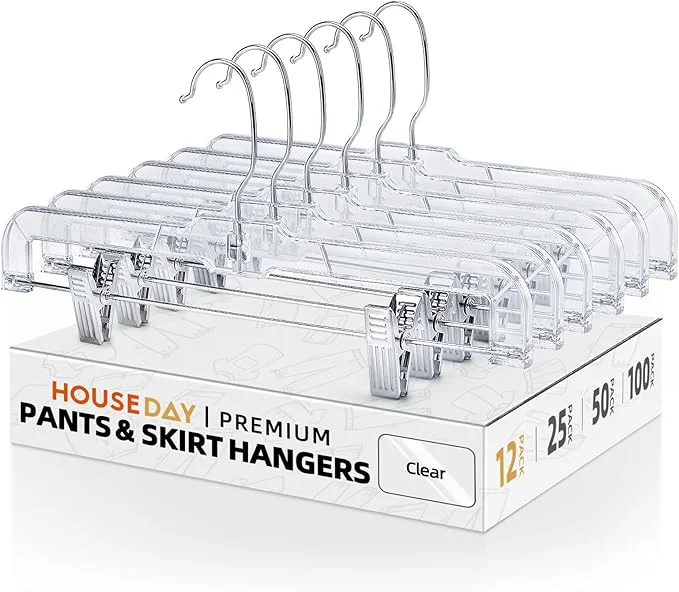 Secure HOUSE DAY 12 Pack 14 inch Clear Plastic Skirt Hangers with Adjustable Clips Pants Hangers 360-Rotating Swivel Hook Clip Hangers for Pants Trousers Skirts Jeans Bulk Plastic HangersAbout ThisOverview Environmentally Friendly