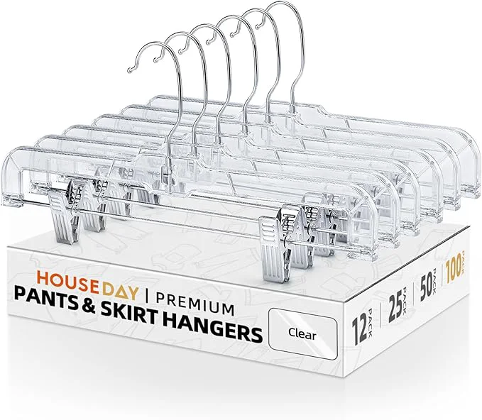 Prestigious HOUSE DAY 100 Pack Skirt Hangers with Clips Clear Plastic Pants Hangers with 2-Adjustable Clips，Non-Slip Clip Hanger for Pant Skirts Shorts Bulk Retail HangerAbout ThisOverview Outstanding