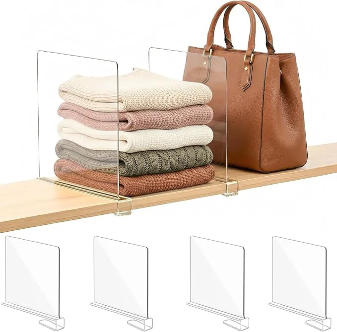 Innovative Shelf Dividers Purse Organizer for Closet 11-inch Tall Higher Version Acrylic Sweater Organizer - Upgraded Extra Height for Large Handbags Totes Clothes Towels on Wood Shelves 4-PackAbout ThisOverview Elite
