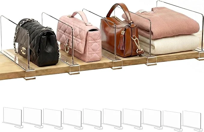 Certified Shelf Dividers Purse Organizer for Closet 6-inch Tall Shorter Version Acrylic Handbag Organizer - Small Space Separator for Clutches Evening Bags Pouches Mini-bags on Wood Shelves 10-PackAbout This Optimized