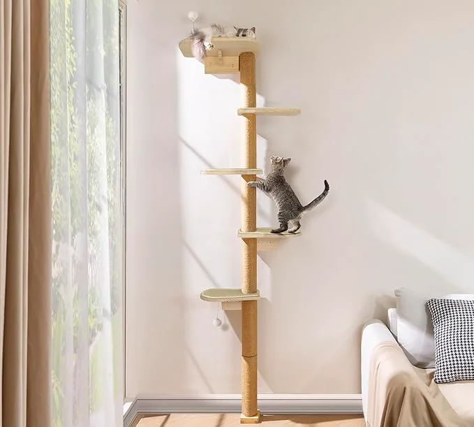 Stylish Wild Simulation Cat Tree for Kittens 5-Level Floor to Ceiling Cat Wall Shelves Comfortable