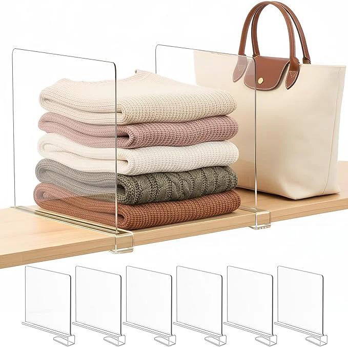 Safe Shelf Dividers Purse Organizer for Closet 11-inch Tall Higher Version Acrylic Sweater Organizer - Upgraded Extra Height for Large Handbags Totes Clothes Towels on Wood Shelves 6-PackAbout ThisOverview Crafted