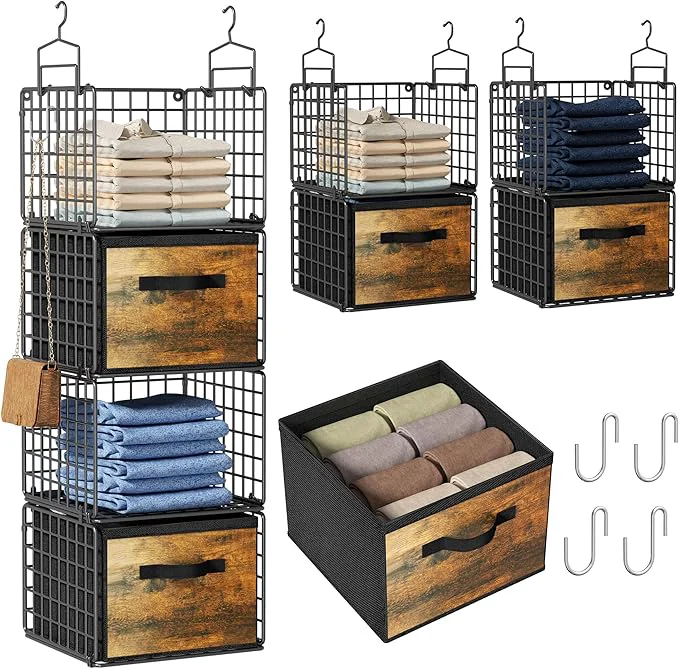 Verified Hanging Closet Organizer with Drawers 4 Tier Metal Closet Organizers and Storage with 4 Hanging Hooks 4 S-Hooks for Wardrobe Laundry Room Wire Storage Shelf for Clothes Sweaters Pants Black About ThisOverview Elegant