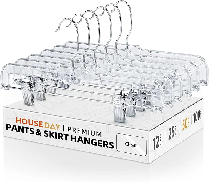Superior HOUSE DAY 50 Pack Skirt Hangers Pant Hangers with Clips Clear Plastic Hangers for Pants Skirts Shorts Versatile Use Clip Hanger Retail HangerAbout ThisOverview Expertly Made