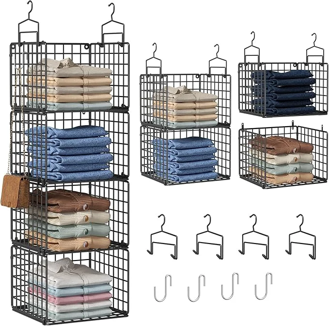 Reliable Hanging Closet Organizer 4 Tier Metal Closet Organizers and Storage with 4 Hanging Hooks 4 S-Hooks for Wardrobe Laundry Room Wire Storage Shelf for Clothes Sweaters Pants Black About ThisOverview Exclusive