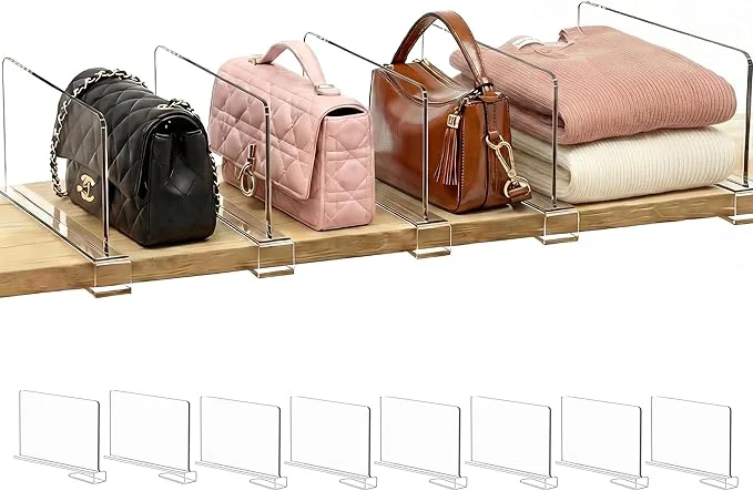 Consistent Shelf Dividers Purse Organizer for Closet 6-inch Tall Shorter Version Acrylic Handbag Organizer - Small Space Separator for Clutches Evening Bags Pouches Mini-Bags on Wood Shelves 8-PackAbout This Stylish
