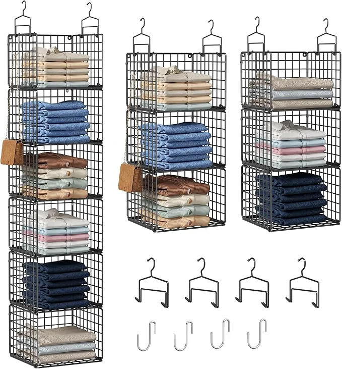 Excellent 6 Tier Closet Hanging Organizer Metal Closet Organizers and Storage with 4 Hanging Hooks 4 S-Hooks for Wardrobe Laundry Room Wire Storage Shelf for Clothes Sweaters Pants Black About ThisOverview Carefully Designed