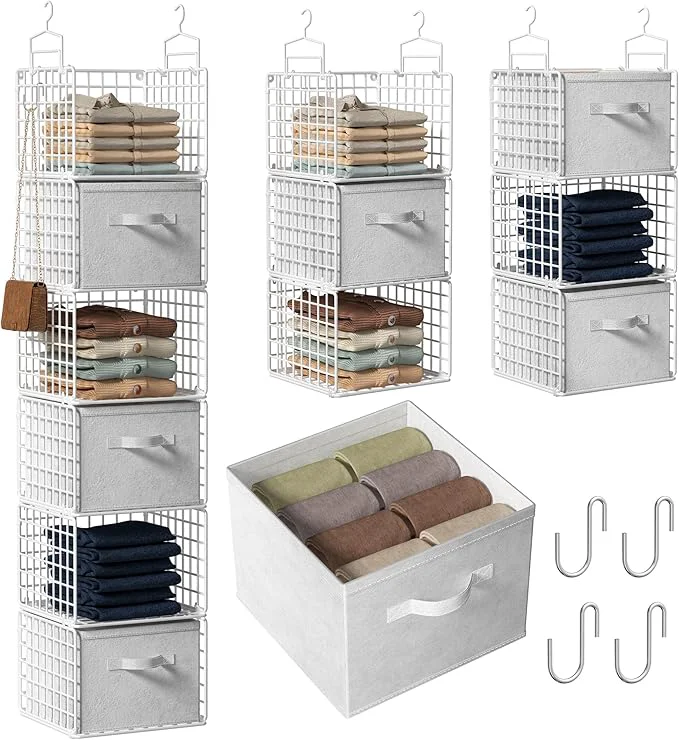 Artisan Closet Hanging Organizer with Drawers 6 Tier Metal Closet Organizers and Storage with 4 Hanging Hooks 4 S-Hooks for Wardrobe Laundry Room Wire Storage Shelf for Clothes Sweaters Pants White About ThisOverview Smooth