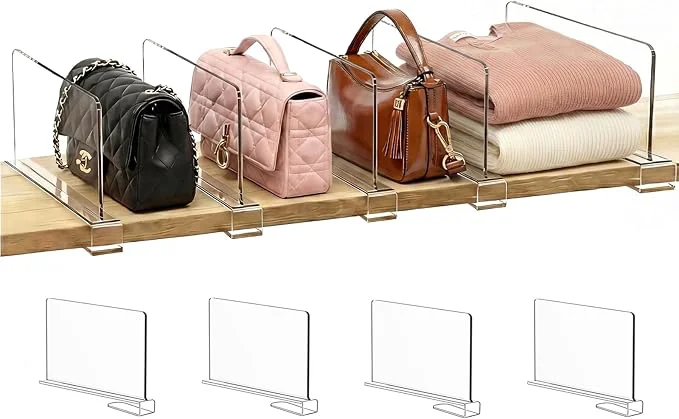 Premium Material Shelf Dividers Purse Organizer for Closet 6-inch Tall Shorter Version Acrylic Handbag Organizer - Small Space Separator for Clutches Evening Bags Pouches Mini-Bags on Wood Shelves 4-PackAbout This First-Class