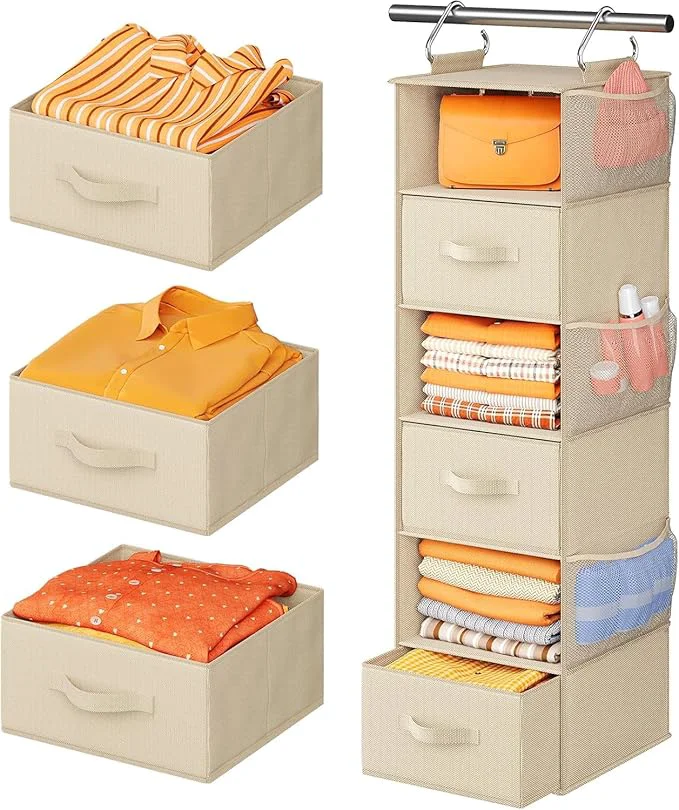World-Class Pipishell 6-Shelf Hanging Closet Organizer with 3 Detachable Drawers Side Pockets Closet Organizers and Storage for Bedroom Garment Rack and Wardrobe Organization Dorm Clothes Organizer BeigeAbout ThisOverview Reliable