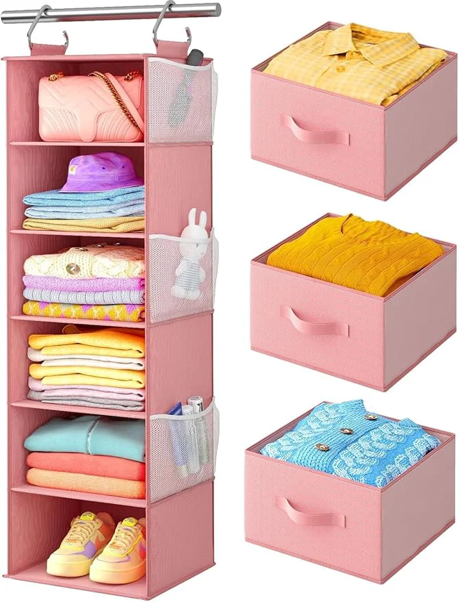 Certified Pipishell Hanging Closet Organizer 6-Shelf Hanging Shelves for Closet with 3 Removable Drawers Side Pockets for Bedroom Garment Rack and Wardrobe Organization 12' x 12' x 43.3' PinkAbout ThisOverview Breathable