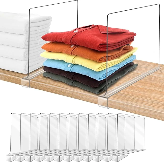 Convenient 12 Inches Shelf Dividers for Closet Organization and Storage 12 Pack Vertical Purse Organizer for Closet Adjustable Acrylic Bookshelf for Organization for Sweater Shirts Handbags in BedroomAbout This Casual