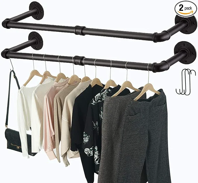 Top-Quality Industrial Pipe Clothes Rack with 3 S-Shaped Hooks 36 'L Wall Mounted Garment Rack Heavy Duty Iron Garment Bar Clothes Hanging Rod Bar for Laundry Room Max Load 135Lb Black 2 Package About ThisOverview Eco-Friendly
