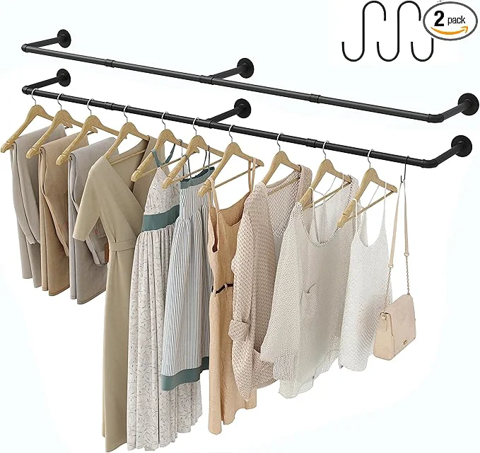 Contemporary Industrial Pipe Clothes Rack with 3 S-shaped Hooks 72 'L Wall Mounted Garment Rack Heavy Duty Iron Garment Bar Clothes Hanging Rod Bar for Laundry Room Max Load 135Lb Black 2 Package About ThisOverview Sophisticated