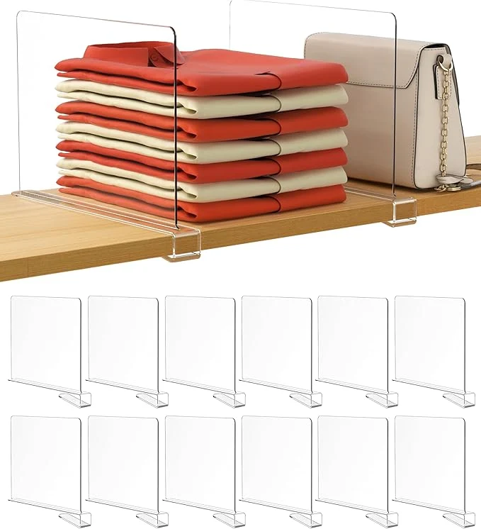 Elite HBlife 12 Pcs Clear Acrylic Shelf Dividers Vertical Purse Organizer for Closet for Sweater Shirts Handbags in Bedroom and Kitchen Closet Separators for Organization CabinetAbout This Fine Crafted